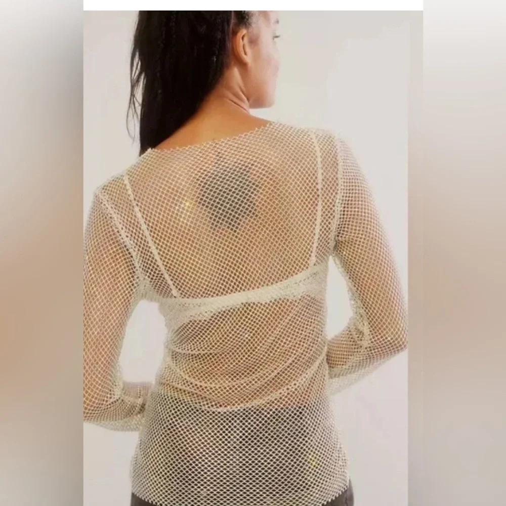Free People Sheer Fishnet Long Sleeve Top in Ivory